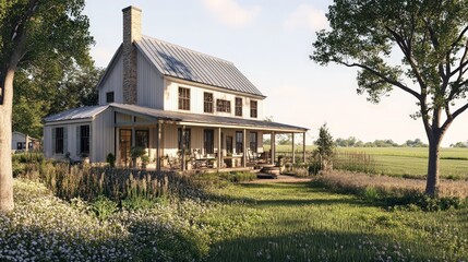 Obraz premium visual of a traditional farmhouse with a rustic design, including wooden beams, a spacious porch, and surrounding farmland.