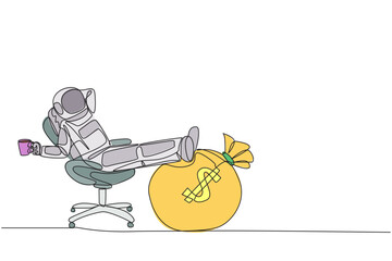 Single one line drawing astronaut sitting in a work chair holding a mug. Foot resting on money bag. Expedition to the moon with a lot of money. Cosmonaut. Continuous line design graphic illustration