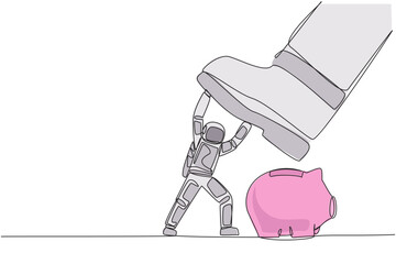 Continuous one line drawing astronaut holds back giant foot wants to step on piggy bank. Precautions not to disrupt preparations for space expeditions. Single line draw design vector illustration