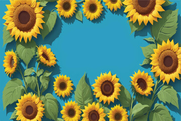 Frame made of blooming sunflowers with green leaves on blue background with copy space. Harvest, agriculture, farming concept.