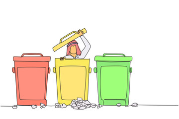 Continuous one line drawing Arabian businessman peeking out of trash can, there were lots of wads of paper. Hide from being chased by debt collectors. Sad. Single line draw design vector illustration