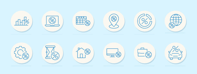 Interest rate set icon. Bar chart, laptop, calendar, location pin, percentage, globe, cogwheel, hourglass, house, monitor, briefcase, car, finance, economy, calculation, investment, banking