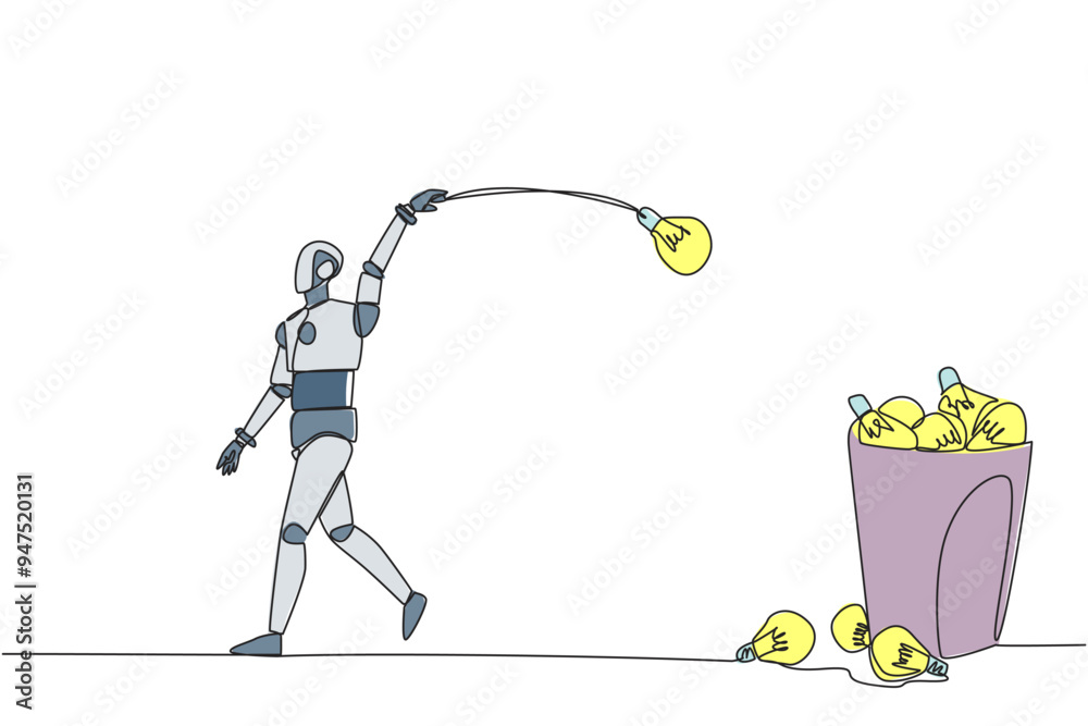 Poster single continuous line drawing robot walking throwing light bulbs into the trash can. not the most g