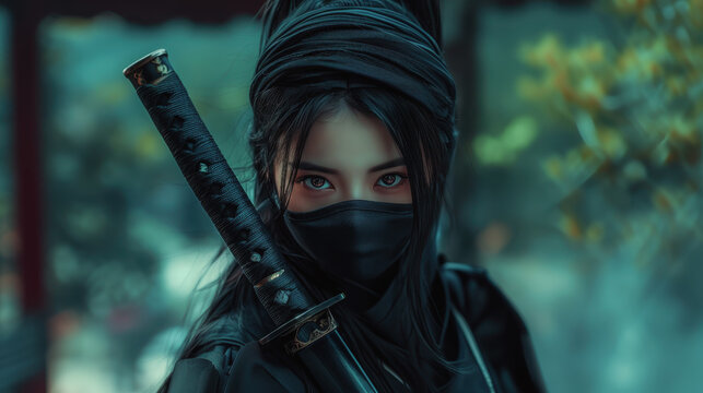 ninja girl. A samurai woman. 
Nice girl. The girl is a warrior. The woman is a murderer.an Asian girl. The woman in the mask