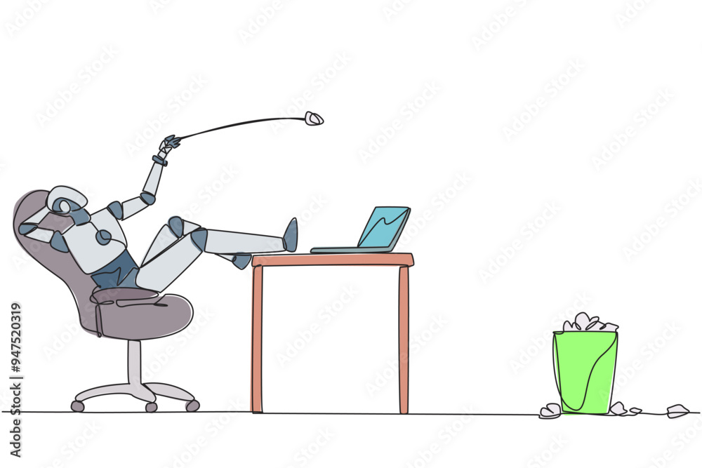 Poster single one line drawing robot sitting in chair throwing wads of paper into the trash. trying to repr