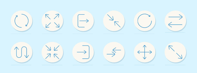 Arrow direction set icon. Circular, expand, exit, inward, rotate, transfer, reverse, shrink, outward, horizontal, vertical, diagonal, movement, navigation, pointer, control.