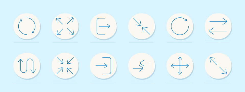 Arrow direction set icon. Circular, expand, exit, inward, rotate, transfer, reverse, shrink, outward, horizontal, vertical, diagonal, movement, navigation, pointer, control.