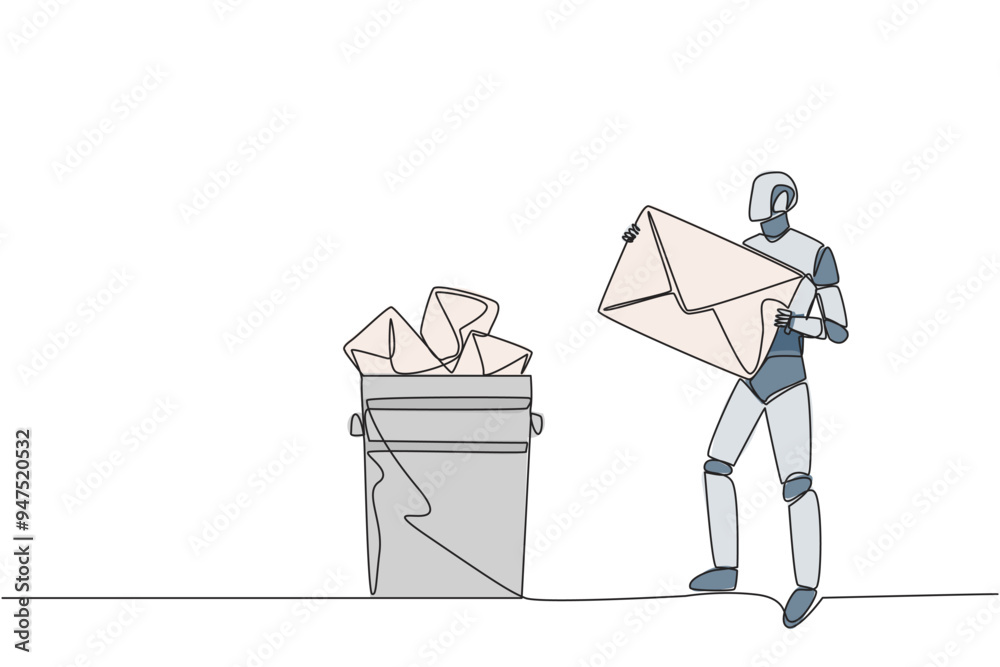 Poster single one line drawing robot throw large envelope in the trash. eliminates the many bugs that plagu