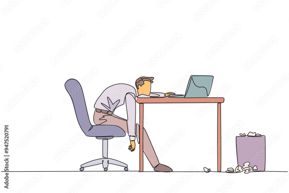 Sticker Single continuous line drawing businessman sitting in work chair looking tired. Want to work on business reports on a laptop. Very tired. Loss of focus and passion. One line design vector illustration