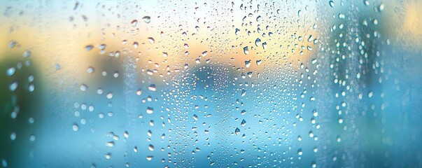 Obraz premium Closeup of condensation droplets on glass, with light creating a cool and tranquil effect, serene and refreshing