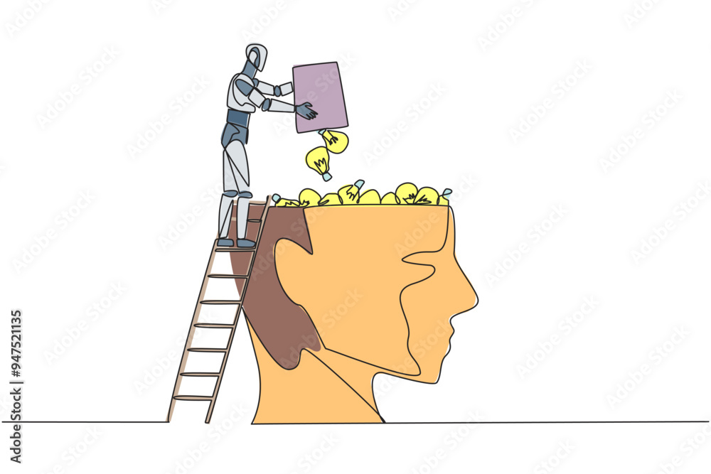 Poster continuous one line drawing robot climb to the large, open head with stairs. throw away the lightbul