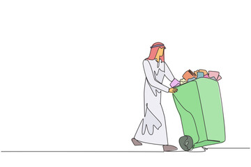 Continuous one line drawing Arabian businessman pushing a trash can filled with wads of paper. Nonworking document. Useless file at office. Deleting data. Single line draw design vector illustration