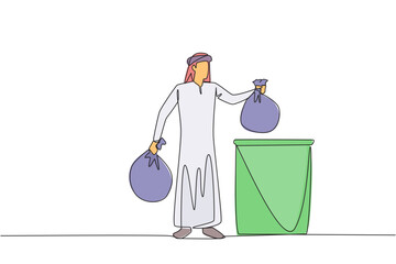 Continuous one line drawing Arab man puts rubbish bag into the trash can. Environmental care. Join the cleanliness campaign. For a healthy body and soul. Single line draw design vector illustration