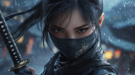 ninja girl. A samurai woman. 
Nice girl. The girl is a warrior. The woman is a murderer.an Asian girl. The woman in the mask