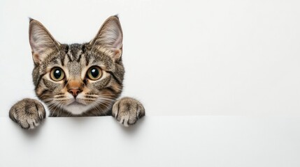 Curious Cat Peeking Over White Background