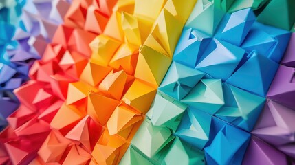 Obraz premium A close-up image of an abstract geometric pattern created from folded paper in various shades of the rainbow.