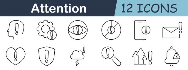 Attention set icon. Alert, warning, danger, exclamation, head, gear, eye, bell, cloud, message, arrow, caution, hazard, notification, security, safety, alarm, notice, awareness