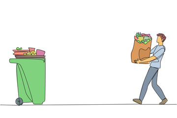 Single one line drawing a young man walked carrying a trash bag in both hands towards the trash can. A campaign for environmental advertising. Lifestyle. Continuous line design graphic illustration