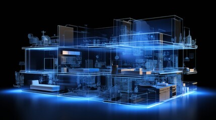 Digital blueprint of an office building featuring holographic elements for architectural innovation