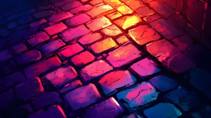 Fototapeta premium Illustration of cobblestone street, basketweave pattern, warm sunlight, hand-drawn sketch style, vibrant color palette, soft shadows