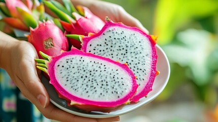 Vibrant Dragon Fruit Pitaya Against Geometric Mango Background for Tropical Concept.