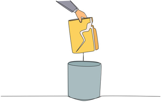 recommend clip art: Single continuous line drawing businessman's hand throwing away a broken folder. Replacing archives. Avoid leaks of highly confidential personal data. Wrecked. One line design vector illustration