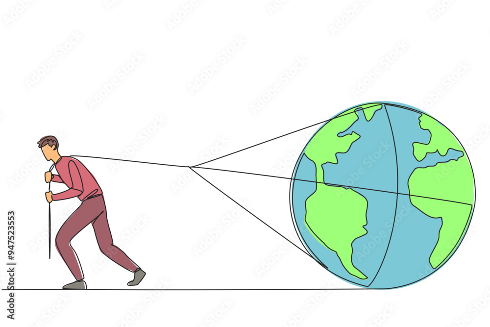 Poster continuous one line drawing a man pulls a globe. a real action to make the earth a better place. kee