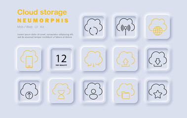 Cloud storage set icon. Cloud, upload, download, mobile, data transfer, synchronization, internet, storage, network, technology, user, neomorphic style, digital