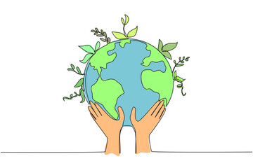 Single one line drawing two hands holding a globe. Care about the earth. Planting plants for healthier air. Environmental care. World environment day. Continuous line design graphic illustration