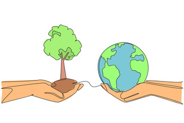 Single continuous line drawing two pairs of hands, each holding a plant and a globe. Green environment. Environmental care. Re-greening the earth. Free pollution. One line design vector illustration