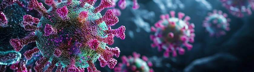 Obraz premium Detailed view of viruses at a microscopic level, with a dark background and vibrant, otherworldly colors, scientific and eerie