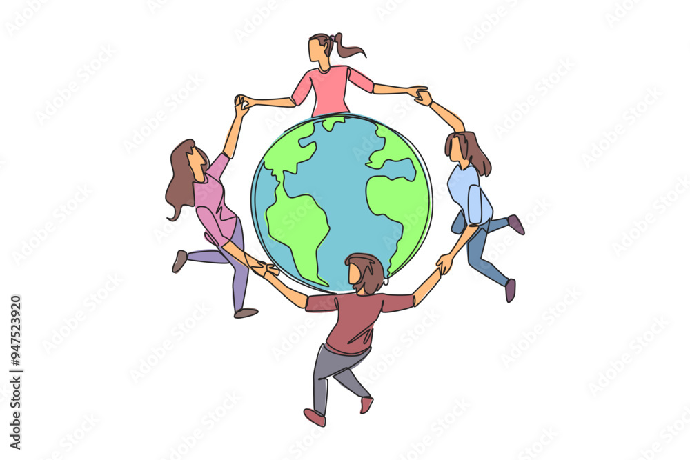 Wall mural Continuous one line drawing a group of women make a circle around the globe. Be happy and cheerful in keeping nature in good condition. Protect the world. Single line draw design vector illustration