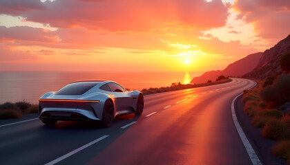 Futuristic Electric Car on a Scenic Coastal Drive at Sunset