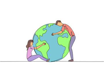 Single continuous line drawing a man and woman hugging the globe in their own style. Really love the earth. Don't want anything to destroy the beauty of the earth. One line design vector illustration