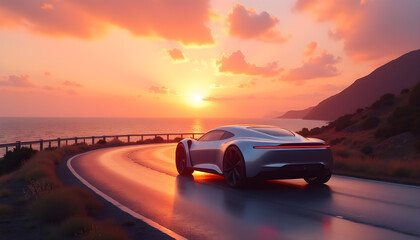 Naklejka premium Electric Vehicle Driving Towards a Stunning Sunset on Coastal Route