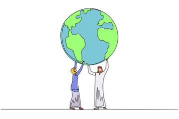 Single continuous line drawing Arab man and Arab woman hold up globe together with both hands. Teamwork makes missions easier. Protect the earth. Save the planet. One line design vector illustration