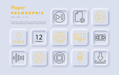 Player set icon. Play, pause, stop, equalizer, power, speaker, audio file, music, media control, sound system, technology, neomorphic style, entertainment