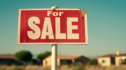 Obraz premium A weathered red 'For Sale' sign in front of houses on a sunny day, symbolizing real estate property availability.