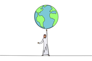 Single one line drawing Arabian man standing lifting globe with one hand. In a healthy soul there is a strong body. No pollution. Green the earth. Protect. Continuous line design graphic illustration