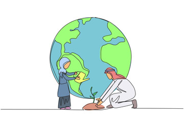 Continuous one line drawing Arabian girl standing watering plants. Encourage children to get used to caring for nature. Plant Trees. Make the earth greener. Single line draw design vector illustration