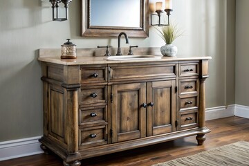 a photo image of a wooden vanity with a distressed finish and ornate metal hardware in a modern bathroom setting