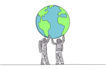 Single one line drawing two astronauts hold up globe together with both hands. Returning from expedition, enthusiasm for protecting earth grow stronger. Continuous line design graphic illustration