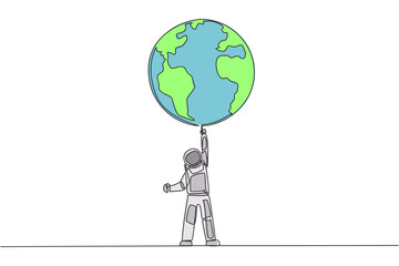 Single one line drawing astronaut standing lifting the globe with one hand. Strong determination to keep the earth beautiful. Cosmonaut caring the earth. Continuous line design graphic illustration