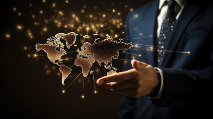 Hand pointing at digital screen with global map and graphs for smart international business growth