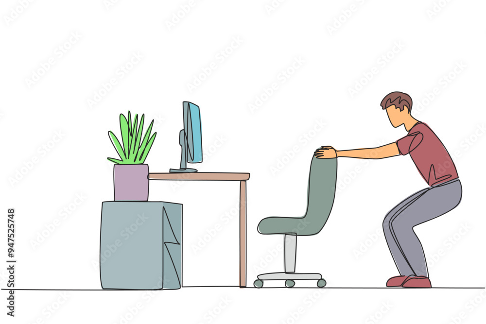 Poster single continuous line drawing man stands with a slight bend and both hands hold the top of chair. o