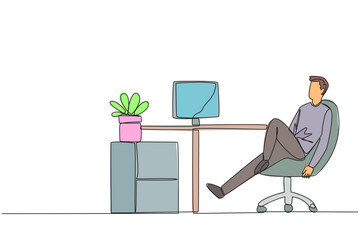 Continuous one line drawing man sits in work chair with one of legs raised and folded. Work overtime on weekends. Pay attention to stagnant projects. Relax. Single line draw design vector illustration