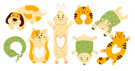 Collection of children plush animal toys. Soft large anti-stress cuddly oversized toy pillows - dog, rabbit, cat, bear, hippopotamus and snake neck pillow. Isolated vector illustrations