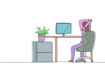 Single one line drawing woman sitting in work chair warming up her hands above her head. Relax itself. Stretch. Work can be more focused. Overtime. Hectic. Continuous line design graphic illustration
