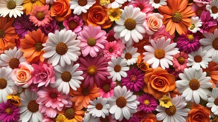 Vibrant 3D floral texture featuring a mix of daisies and roses