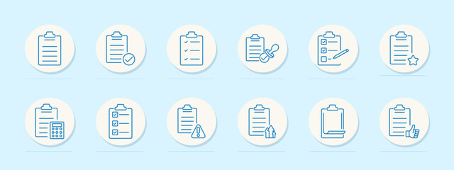 Checklist and task management icon set. To-do list, progress, verification, and planning symbols for organization, productivity, and project management themes